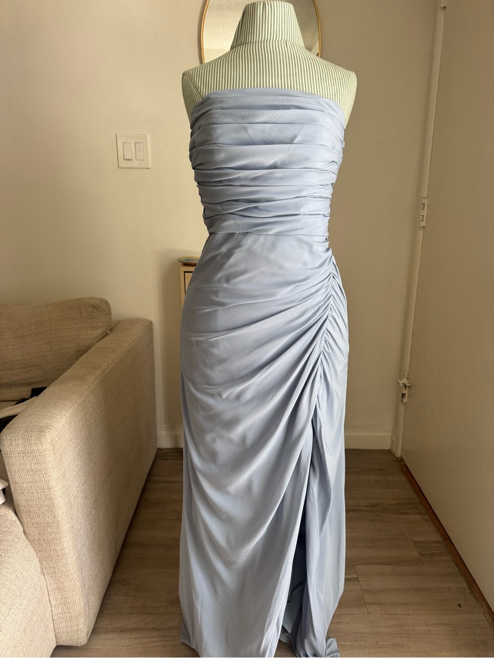 Dusty Blue Strapless Ruched Satin Bridesmaid Gown | 6